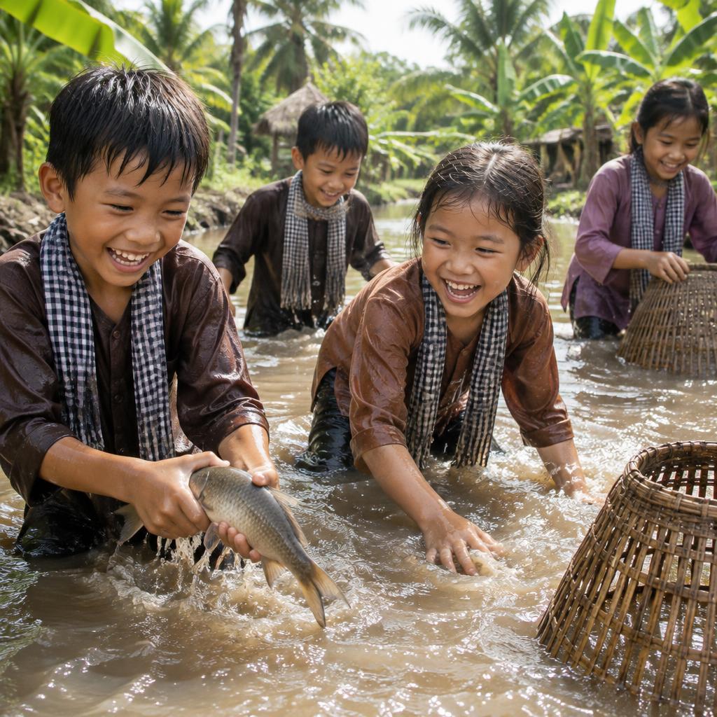 Trẻ em bắt cá dưới mương nước (ảnh minh hoạ)